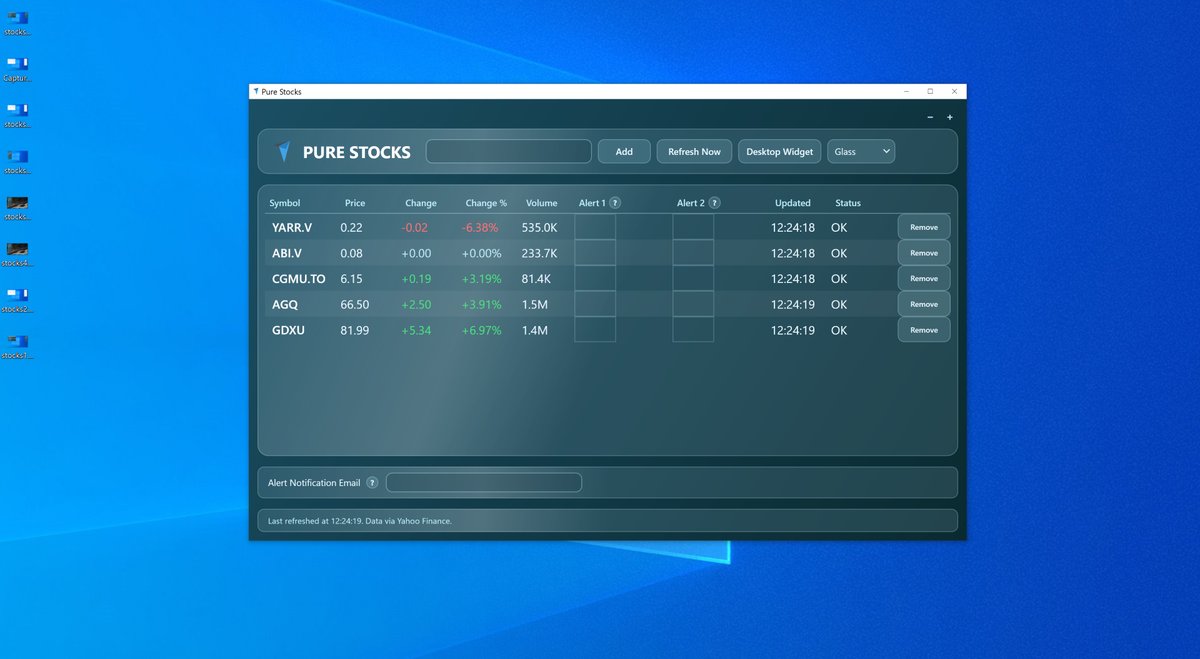 Pure Stocks app controls and alert settings